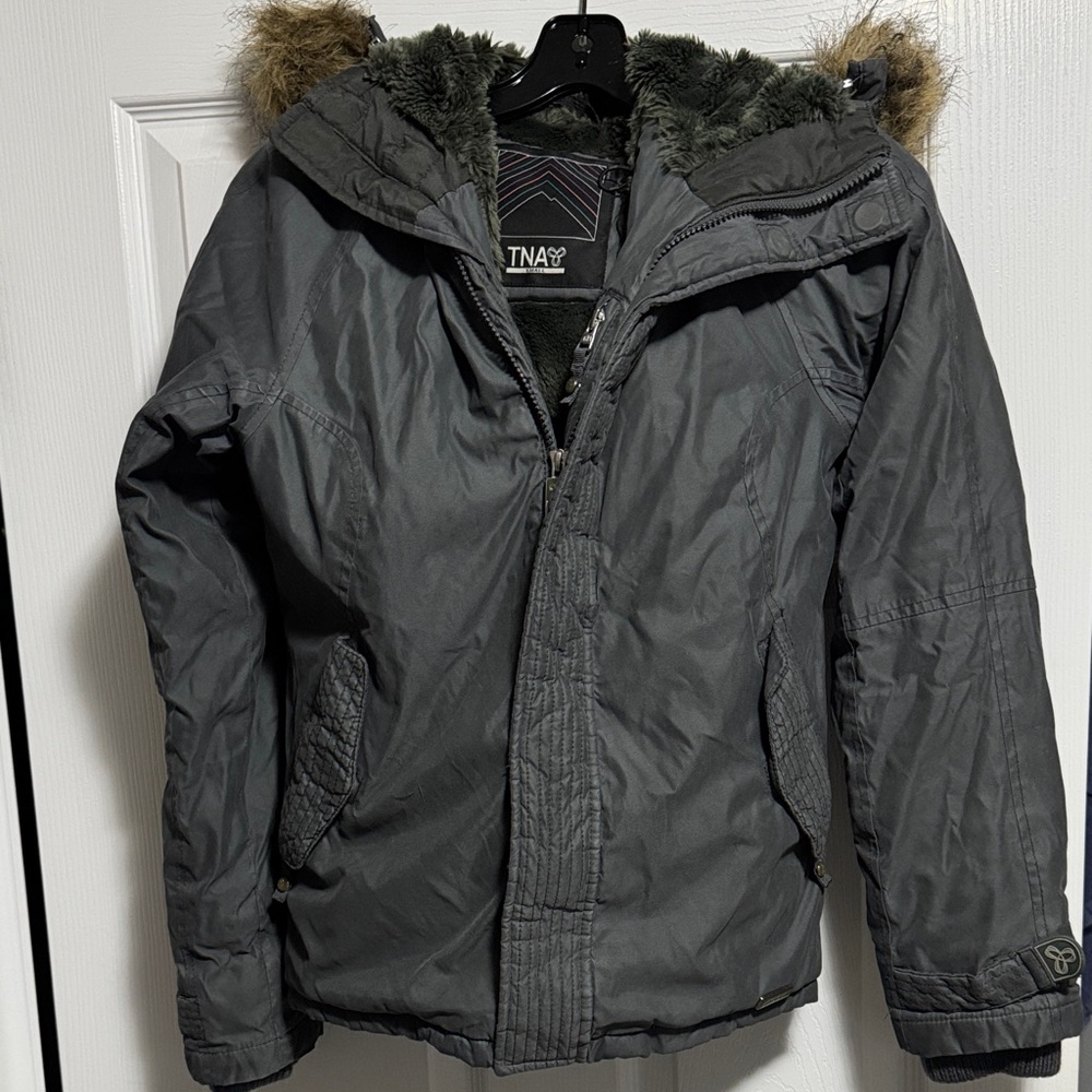 Aritzia Gray Women's Puffer Jacket with Fur Hood